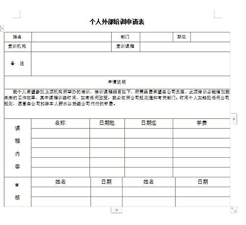 个人外部培训申请表