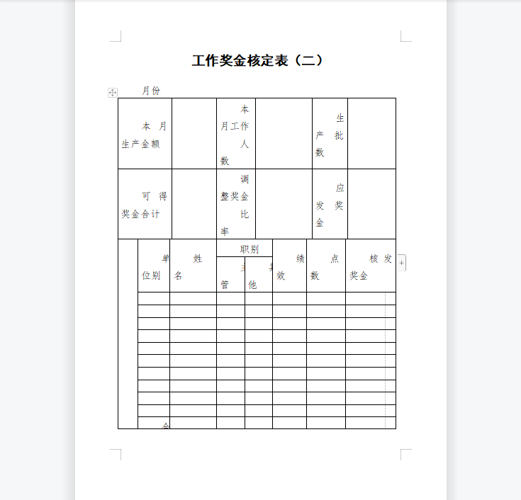 工作奖金核定表（二）