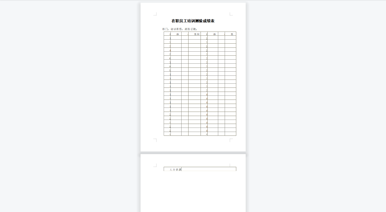 ​在职员工培训测验成绩表