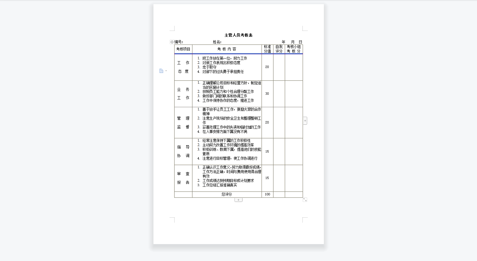 主管人员考核表
