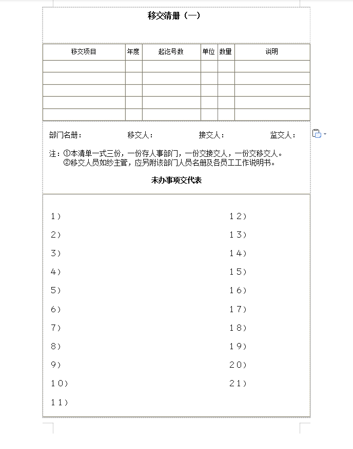 移交清册（一）
