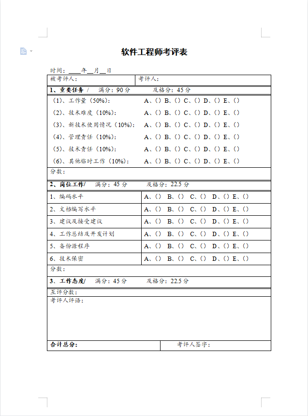 软件工程师考评表