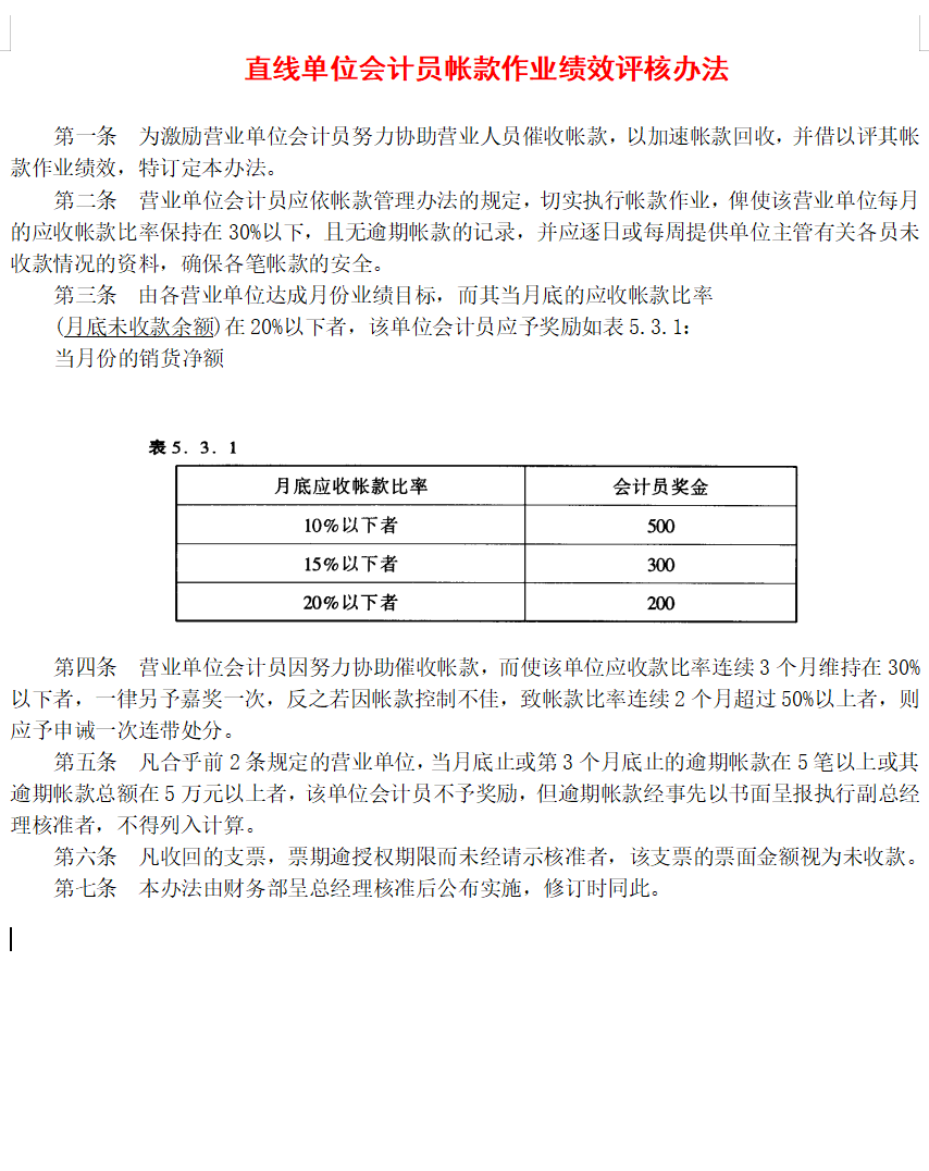 直线单位会计员帐款作业绩效评核办法